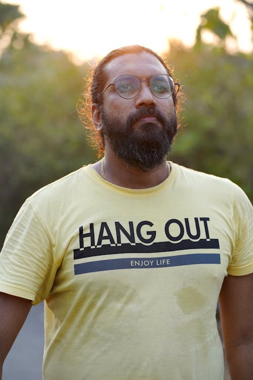 Bearded Man Wearing Yellow Crew Neck T-Shirt 