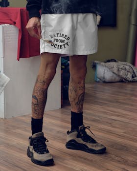 Man with tattoos, shorts, and sneakers in an indoor setting, showcasing urban street style.