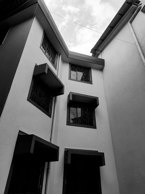 Grayscale Photo of Windows on a Building