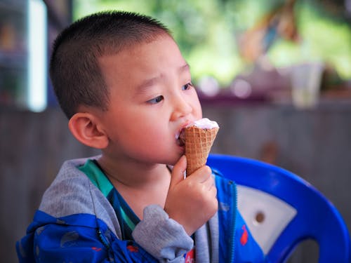Boy in Blue and Gray Jacket Eating Ice Cream