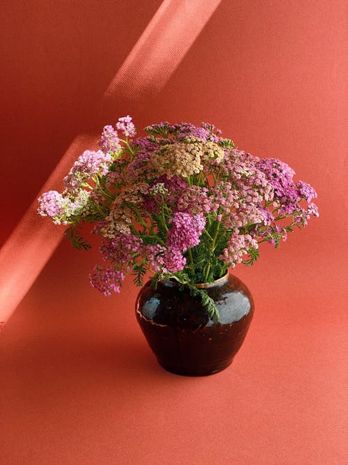 Flower Bouquet in a Dark Vase on the Red Background