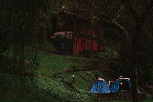 Free A peaceful forest campsite with blue tents and a rustic cabin on a grassy hillside. Stock Photo