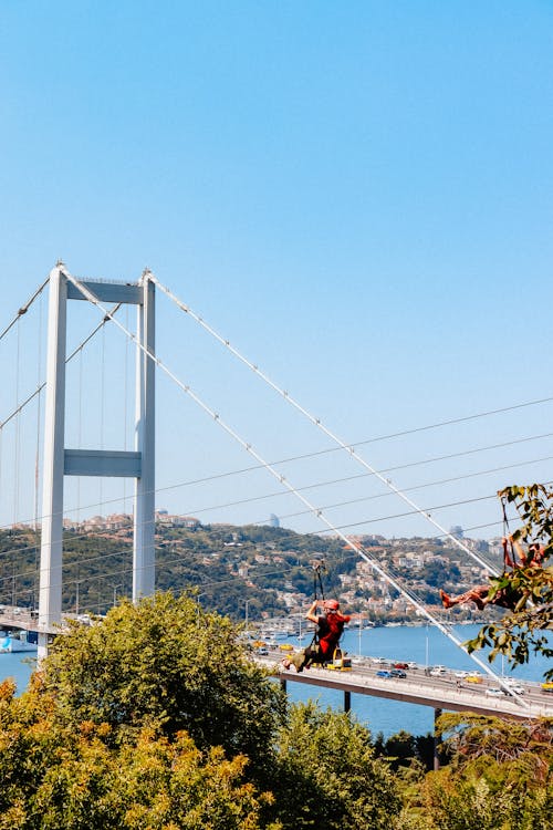 Man Going Down the Zip Line Next to the Bosphorus Bridge