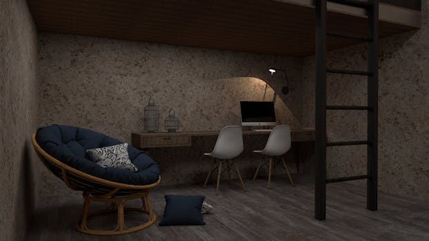 Modern home office with sleek design featuring white chairs and a wooden desk, ideal for productivity.