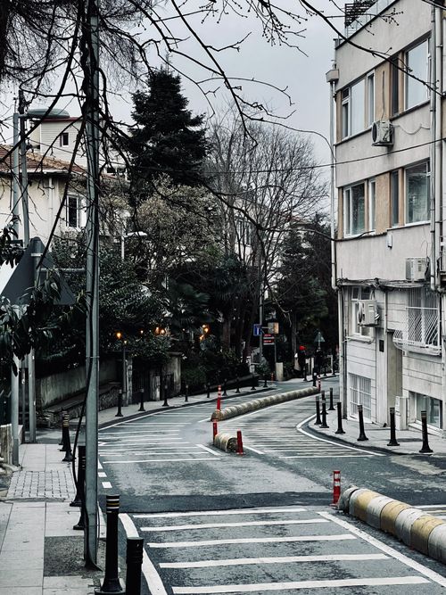 Free Empty urban street lined with residential buildings and leafless trees on a cloudy day. Stock Photo