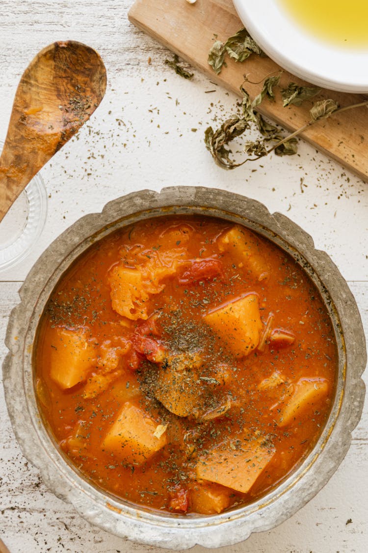 Vegetable Stew In Brown Ceramic Bowl