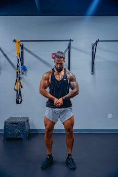 Tattooed bodybuilder flexing muscles in gym with gym equipment background.