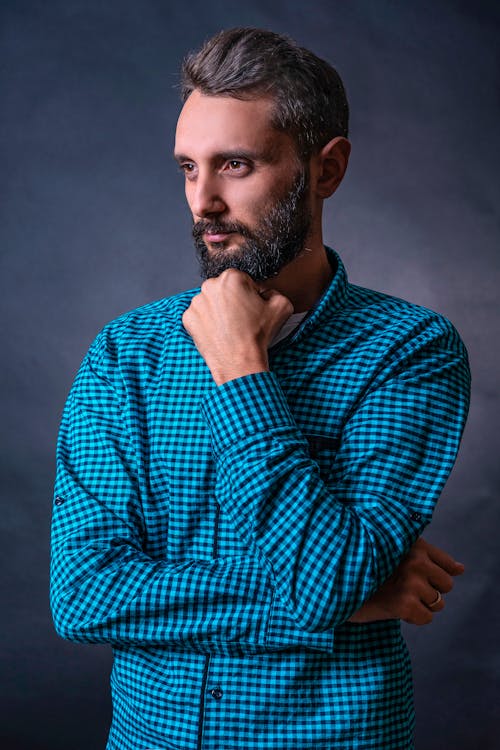 Portrait of a Man in a Blue Plaid Shirt