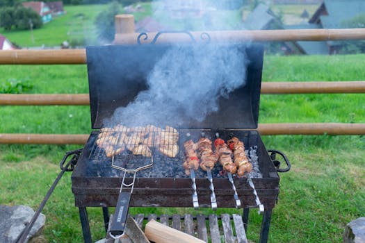 Outdoor barbecue with skewers and grilled food on a summer day.