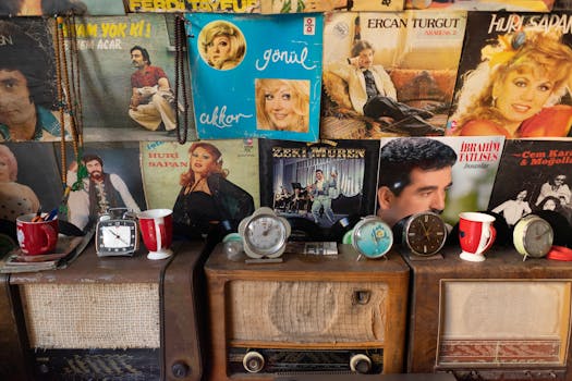 A nostalgic collection of vintage vinyl records, retro radios, and classic alarm clocks.