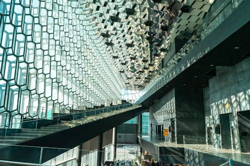 Interior of a Modern Building with Glass Walls and Ceiling