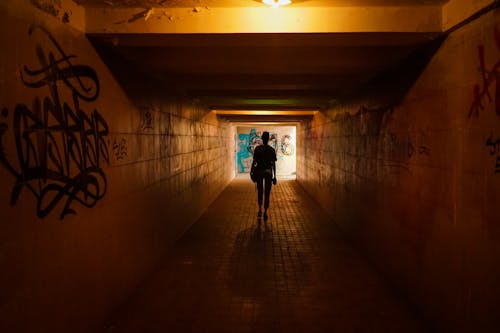 Silhouette of Person Walking on Hallway