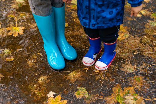 Children in bright rubber boots splashing in a puddle — Atlantic Ambience on Pexels