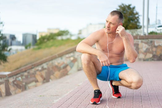 Shirtless muscular man in blue shorts and red shoes listening to music outdoors.