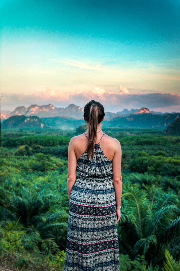 A Back View Of A Woman In Printed Dress Standing While Facing The Green Trees