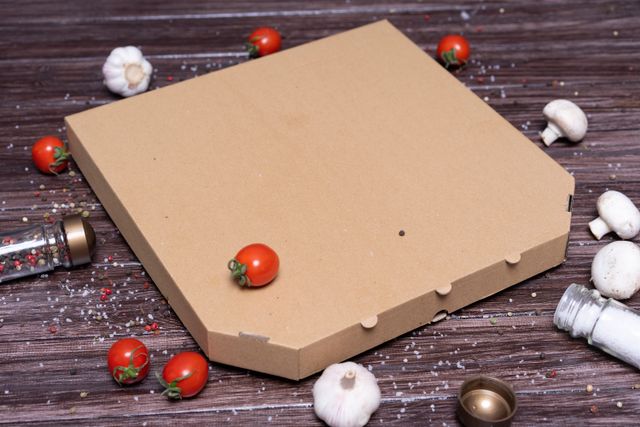 Boîte de pizza fermée entourée de tomates fraîches, d’ail et de champignons