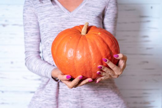 Close-up of woman holding a pumpkin, emphasizing the harvest and autumn season.