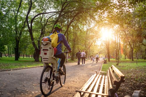 Free A cyclist rides through a sunlit park in Kherson, Ukraine, capturing a leisurely afternoon scene. Stock Photo
