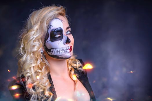 Close-up portrait of a woman with artistic Halloween face paint and costume.