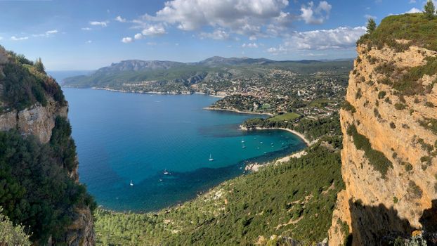 Aerial View of Cassis Town, Cap Canaille Rock and Mediterranean Sea in France
