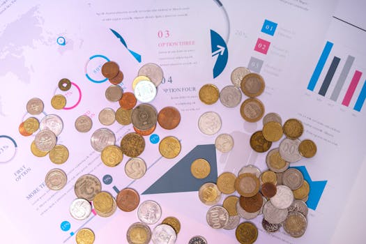 Image of various coins on financial documents with graphs and charts.
