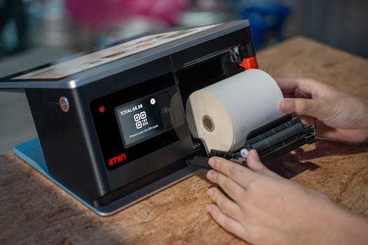 Hands setting up a thermal roll in a point-of-sale touchscreen device.