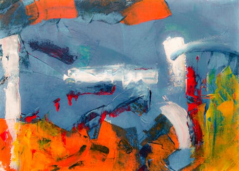 这幅抽象画充满活力，色彩大胆，笔触富有表现力