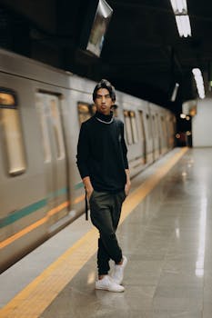 Man standing on platform at subway station, waiting for train to arrive.