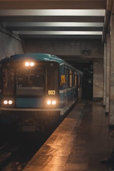 A subway train arrives at a dimly lit underground station platform, creating a moody atmosphere.