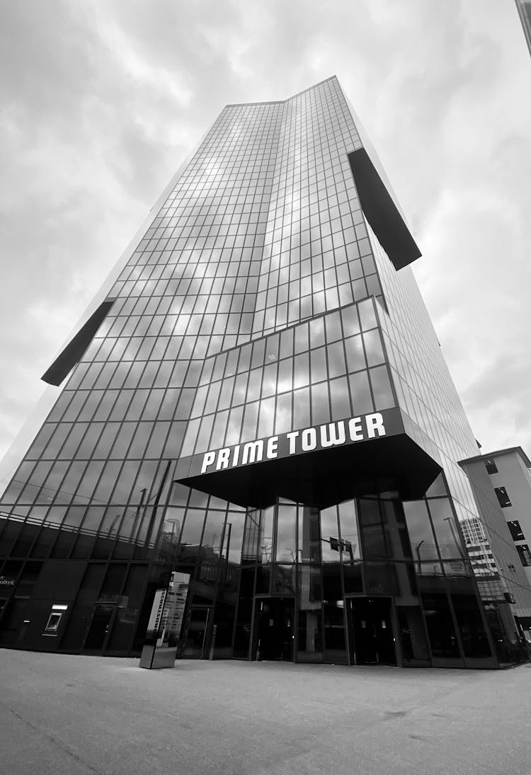 Entrance To The Prime Tower In Zurich, Switzerland  In Grayscale Photography