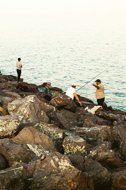 People Fishing While on the Rocks by the Sea