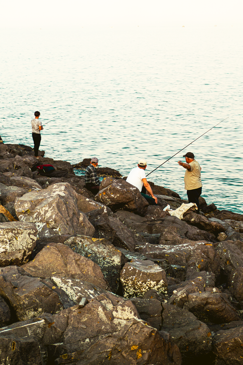Free A group of fishermen casting off the rocky coast in Tekirdağ, Türkiye. Stock Photo