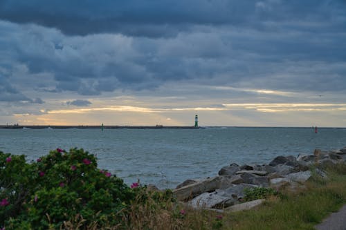 Sea and Coastline with Lighthouse under Overcast Sky