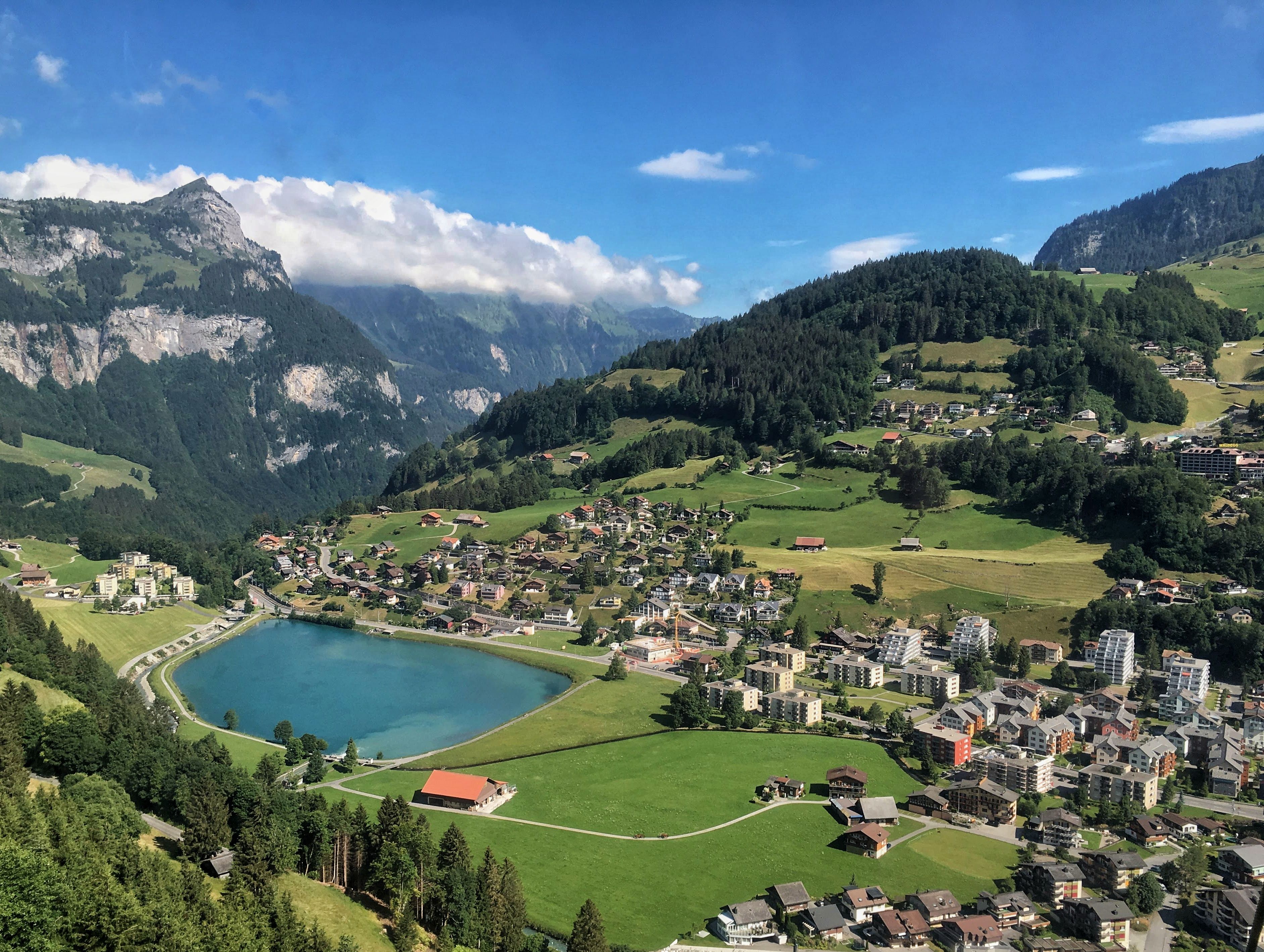 Breathtaking Swiss Capital City Helicopter Sightseeing Tour - The Ideal Flight to See Berne Review Review 2026 - Stunning aerial view of Swiss town Gadmen with lush green hills and a picturesque lake.