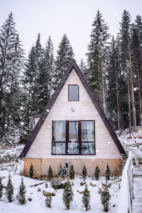 Wooden Cabin in Snow in Winter Mountains 