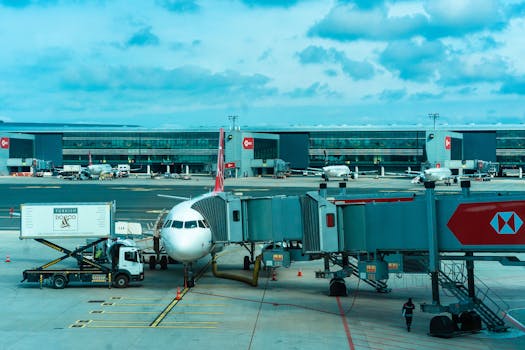 Airplane at gate with jetway and loading trucks at a bustling airport.