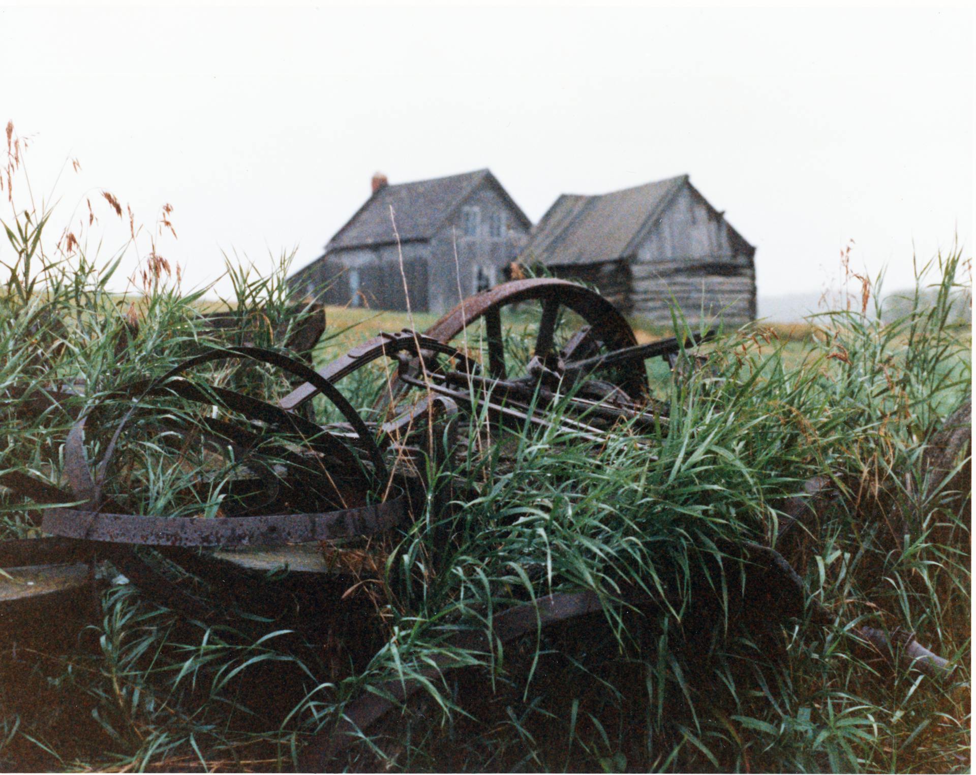 Abandoned farm with old machinery and overgrown grass, showcasing rural decay.