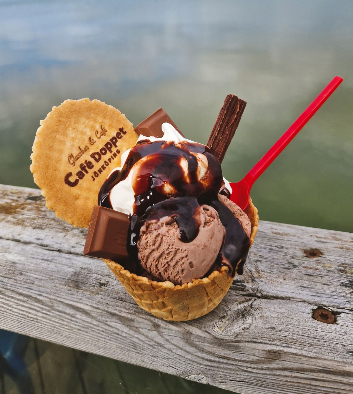 Chocolate ice cream sundae with toppings
