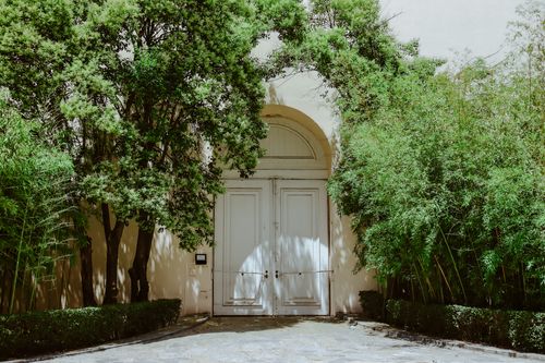 Free A classic white door framed by vibrant green plants, creating a serene entrance scene. Stock Photo