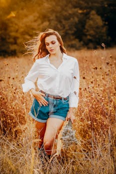 A woman in a white shirt and denim shorts walking through a sunlit autumn field.