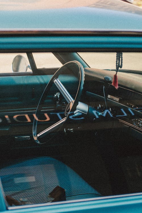 Close-up of Vintage Car Steering Wheel