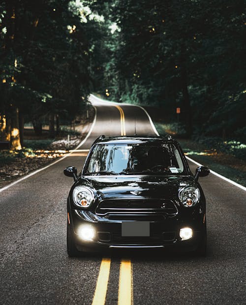 Black Car Driving Down a Road Lines by Trees