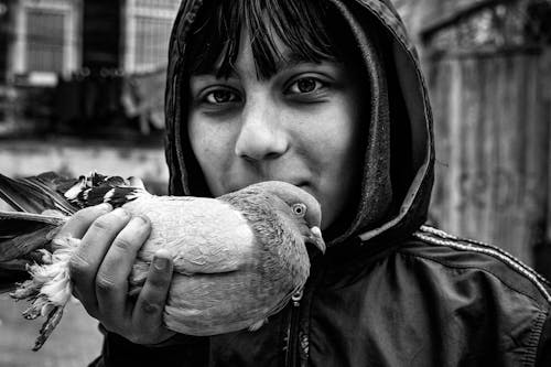 Person in Hoodie Holding a Bird in Grayscale Photography 