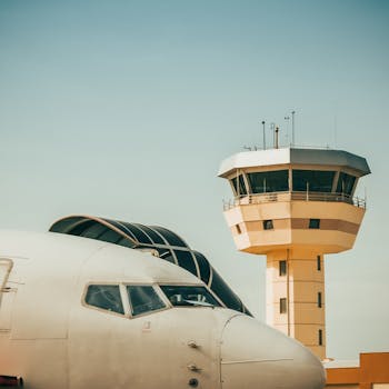 Close-up of an airplane and control tower under a clear sky at an airport during daytime.