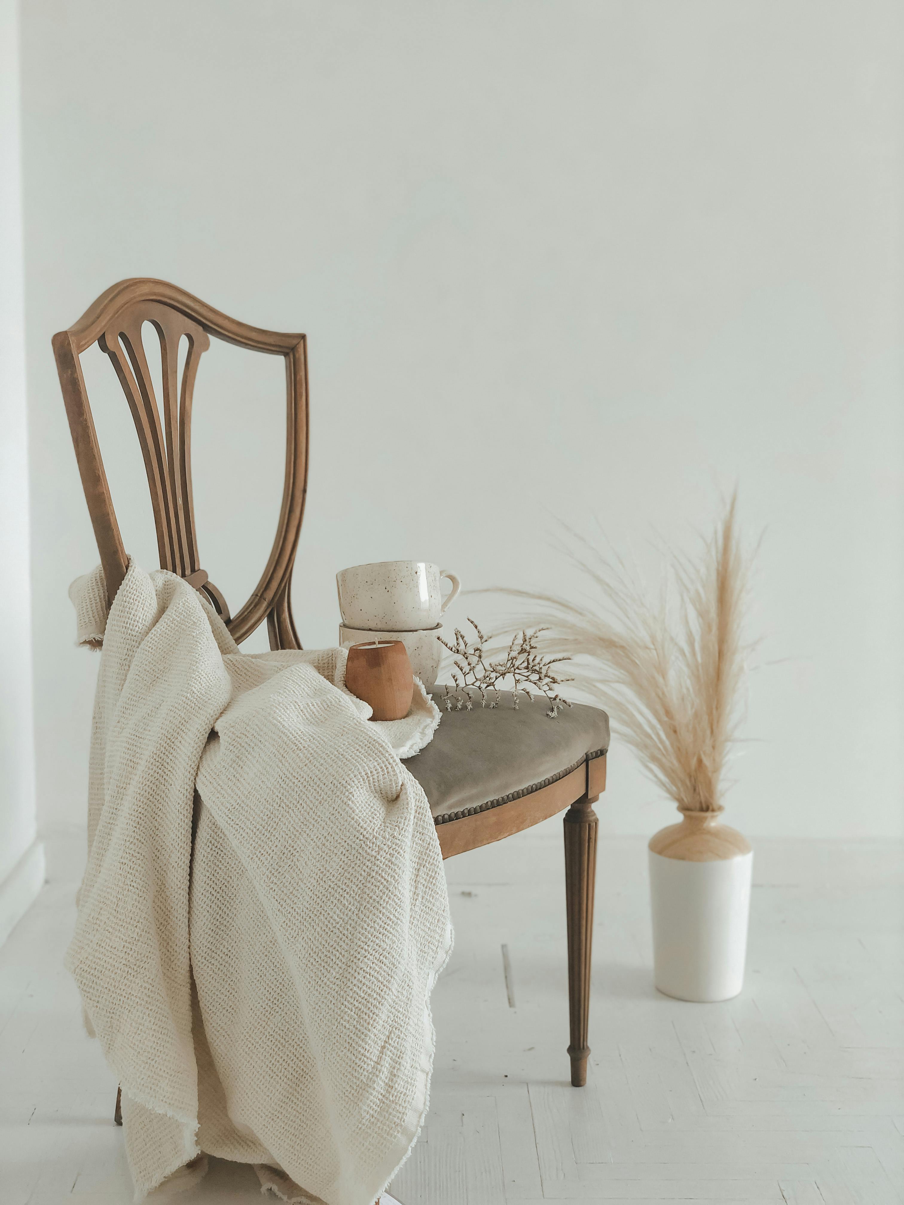 A minimalist chair with cozy decor in soft natural light, perfect for elegant interiors.
