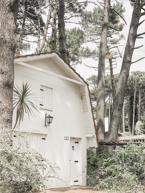 A White Concrete House with Wooden Window Shutters and Door