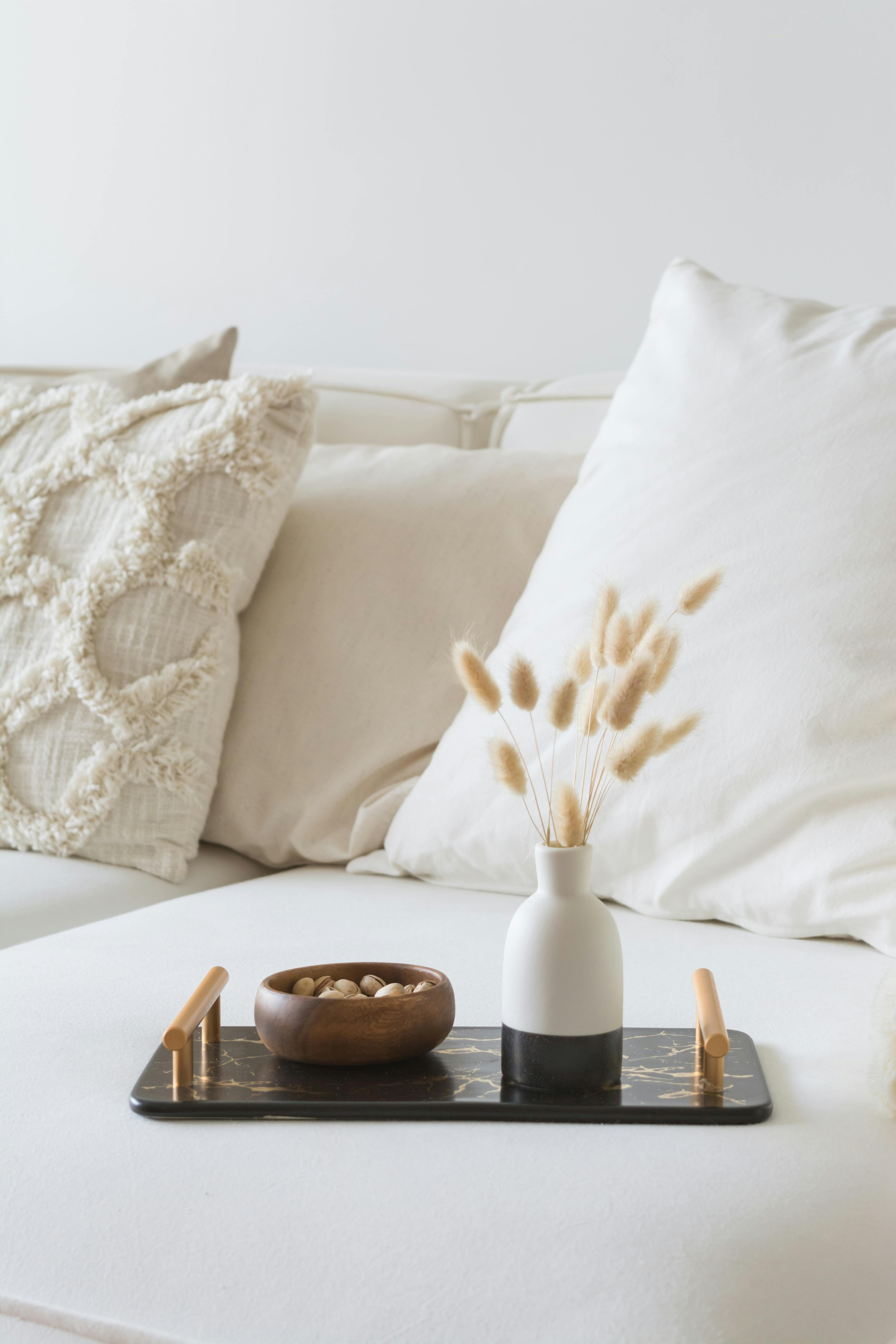 Stylish interior with a modern sofa, soft pillows, and decorative tray creating a cozy atmosphere.