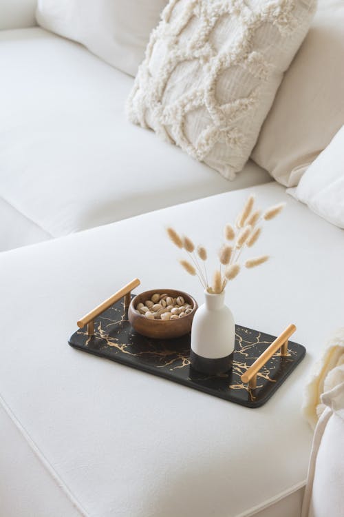 Marble Tray with Snacks on Home Sofa