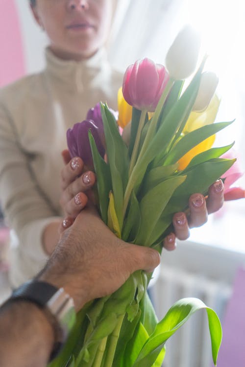 Man Giving a Bunch of Colorful Tulips to a Woman 