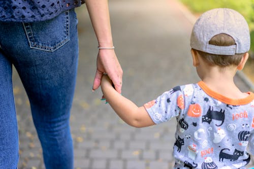 Woman Walking Hand in Hand with a Boy Wearing Cap